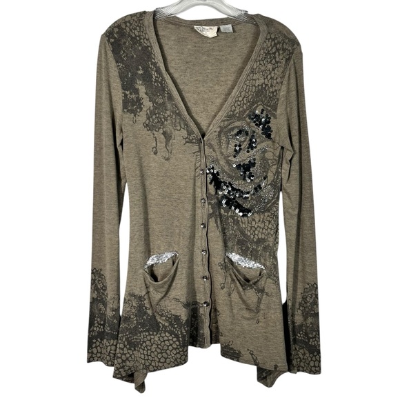 Miss Me Vintage Y2K Grunge Rhinestone Lace Print Longline Lightweight Cardigan M - Picture 1 of 6